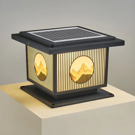 Oriental Square Black Metal Post Light Outdoor Lamp Image - 2