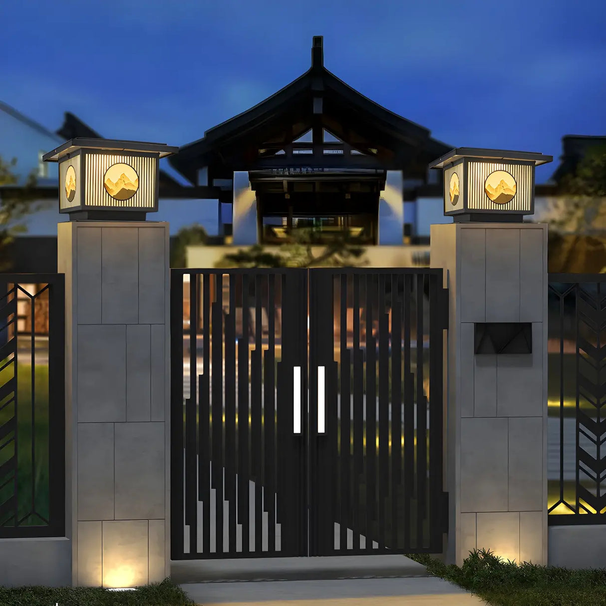 Oriental Square Black Metal Post Light Outdoor Lamp Image - 3