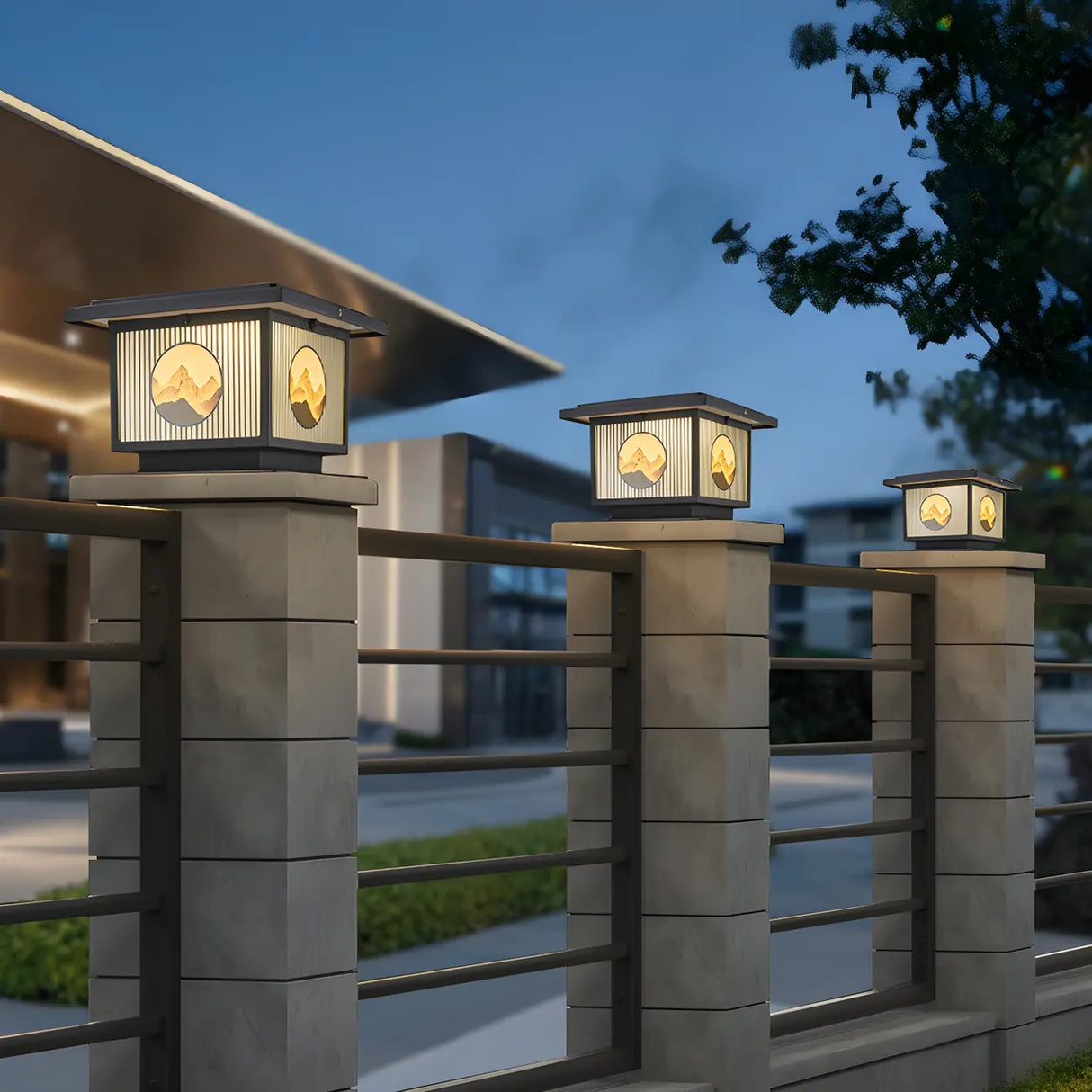 Oriental Square Black Metal Post Light Outdoor Lamp Image - 4