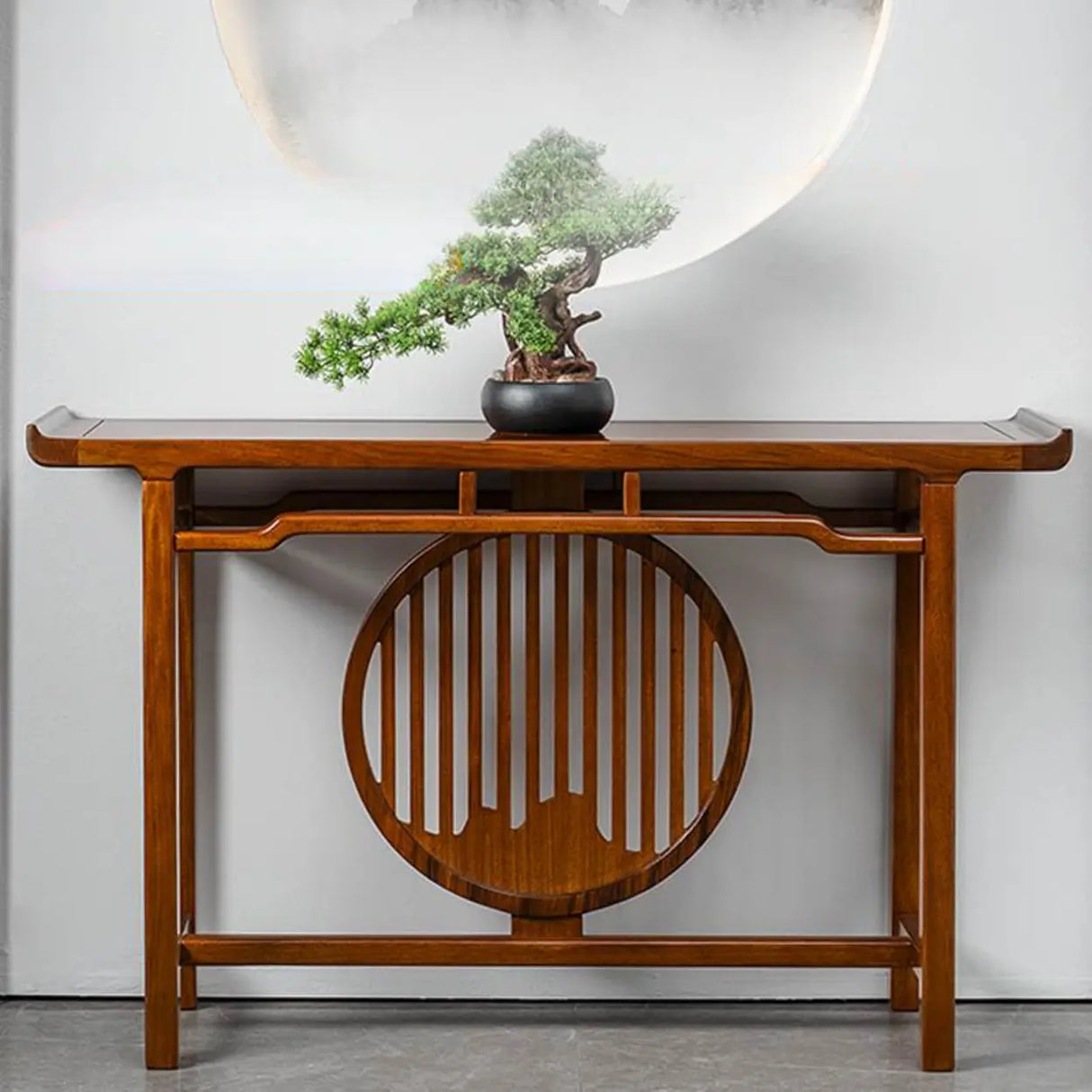 Oriental Wood Geometric Mahogany Foyer Console Table Image - 4