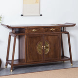 Oriental Wood Walnut Storage Console Table with Floor Shelf Image - 1
