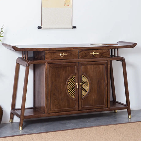 Oriental Wood Walnut Storage Console Table with Floor Shelf Image - 1