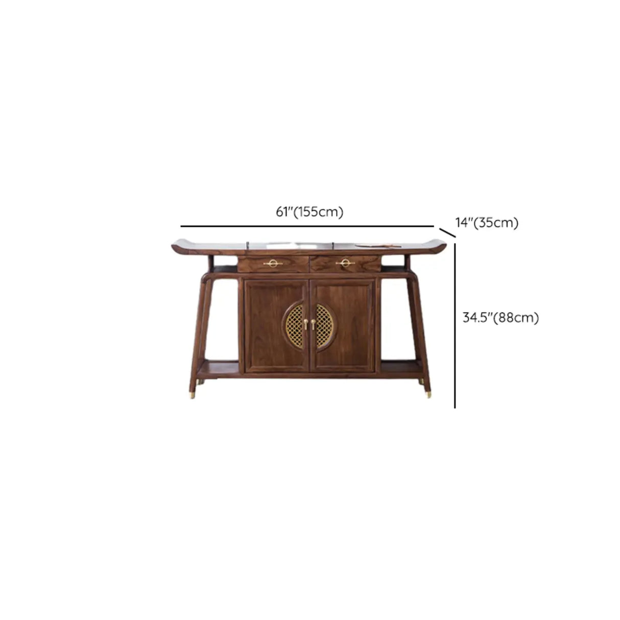 Oriental Wood Walnut Storage Console Table with Floor Shelf 
