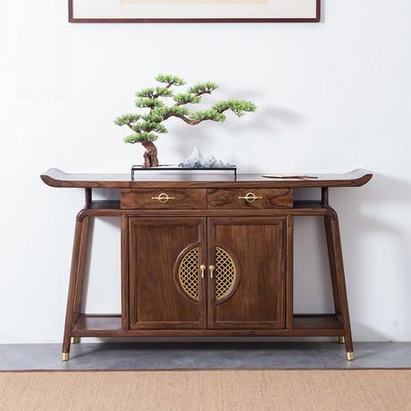 Oriental Wood Walnut Storage Console Table with Floor Shelf Image - 2