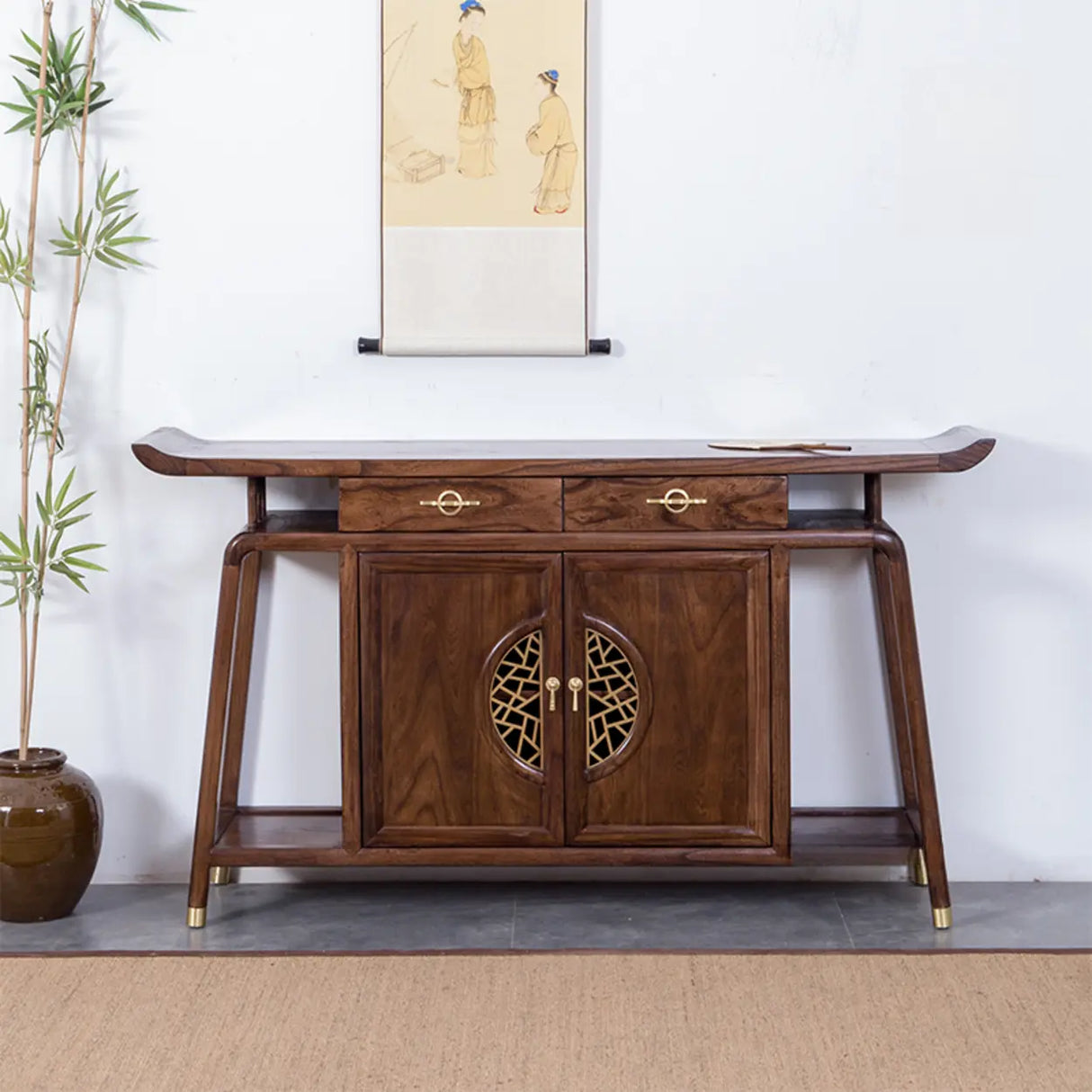 Oriental Wood Walnut Storage Console Table with Floor Shelf Image - 3