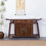 Oriental Wood Walnut Storage Console Table with Floor Shelf Image - 3
