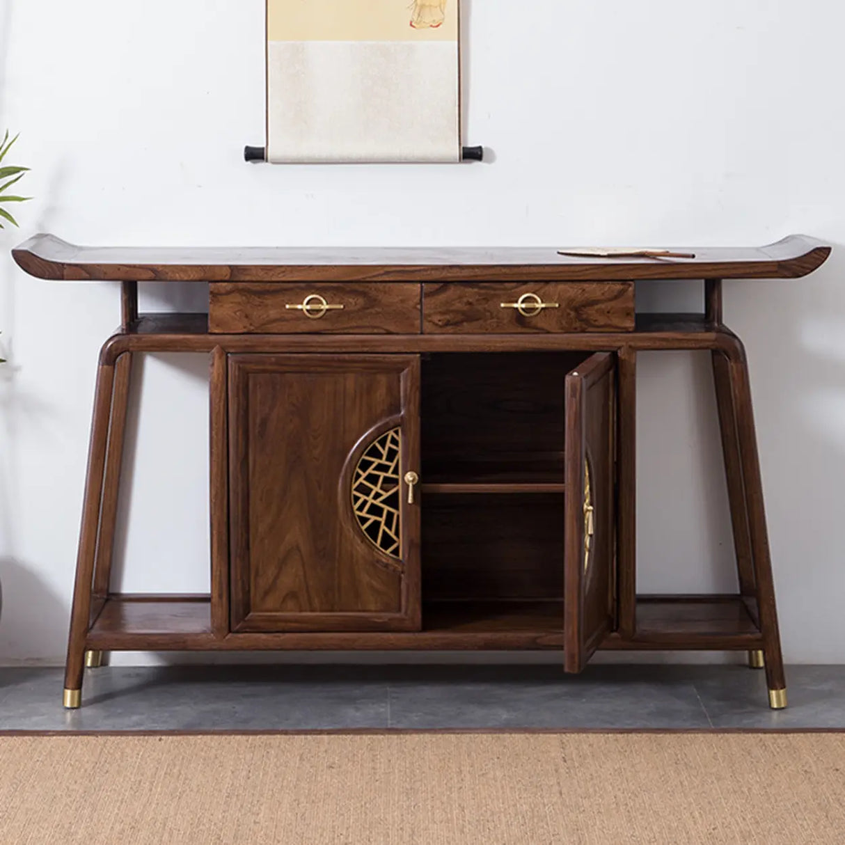 Oriental Wood Walnut Storage Console Table with Floor Shelf Image - 4