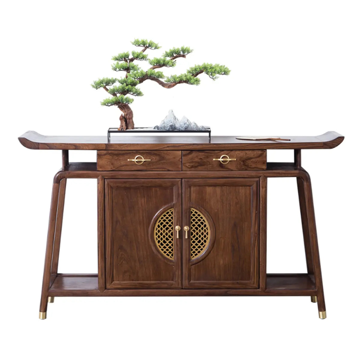 Oriental Wood Walnut Storage Console Table with Floor Shelf Image - 5