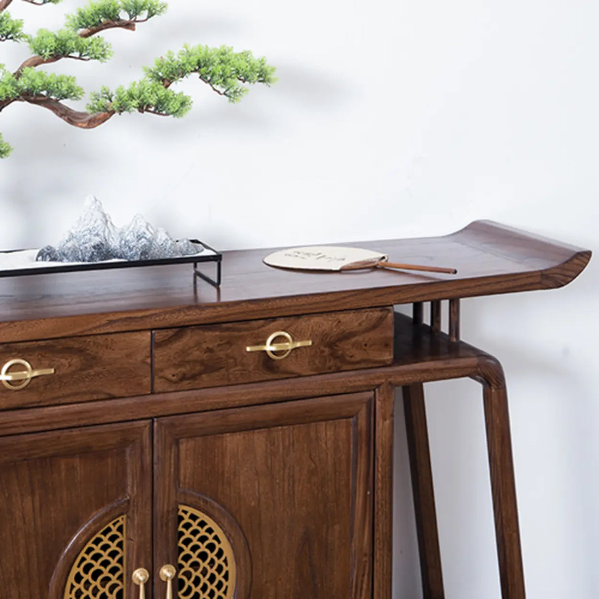 Oriental Wood Walnut Storage Console Table with Floor Shelf Image - 6