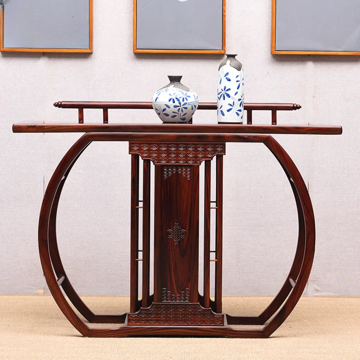 Ornate Brown Oval Mahogany Abstract Base Console Table Image - 1
