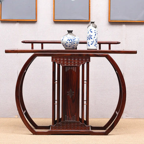 Ornate Brown Oval Mahogany Abstract Base Console Table Image - 1