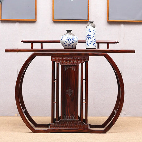 Ornate Brown Oval Mahogany Abstract Base Console Table Image - 1