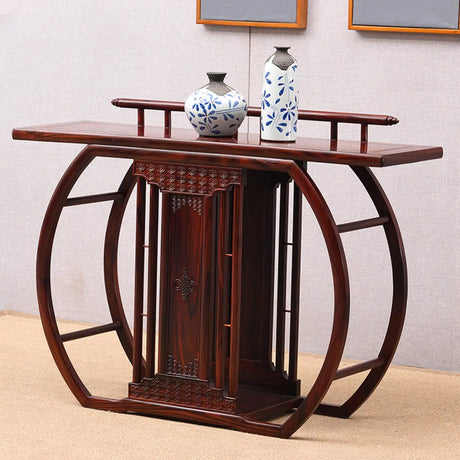 Ornate Brown Oval Mahogany Abstract Base Console Table Image - 2