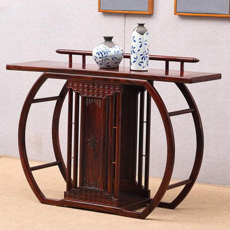 Ornate Brown Oval Mahogany Abstract Base Console Table Image - 2