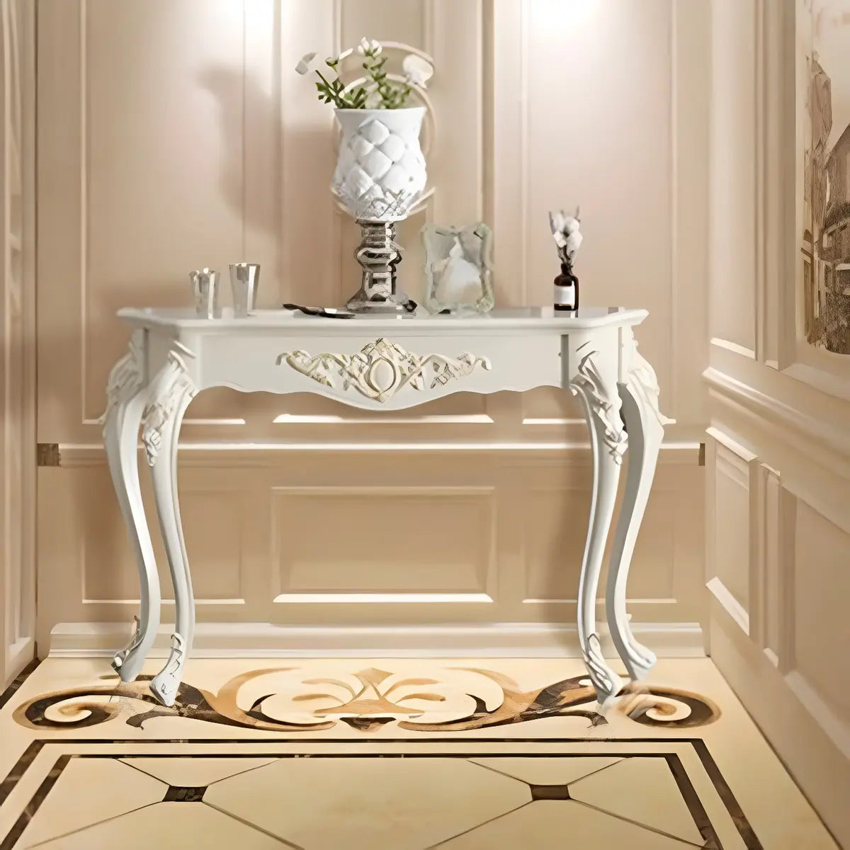 Ornate Wooden White Scratch Resistant Console Table Image - 15