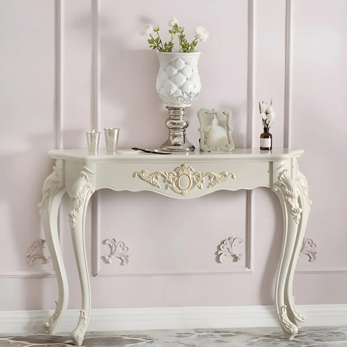 Ornate Wooden White Scratch Resistant Console Table Image - 4