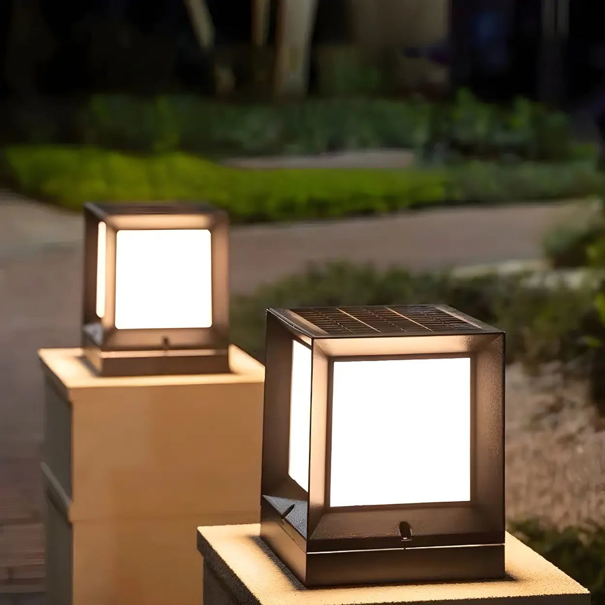 Outdoor Solar Simple Cube Metal Waterproof Pillar Light Image - 1