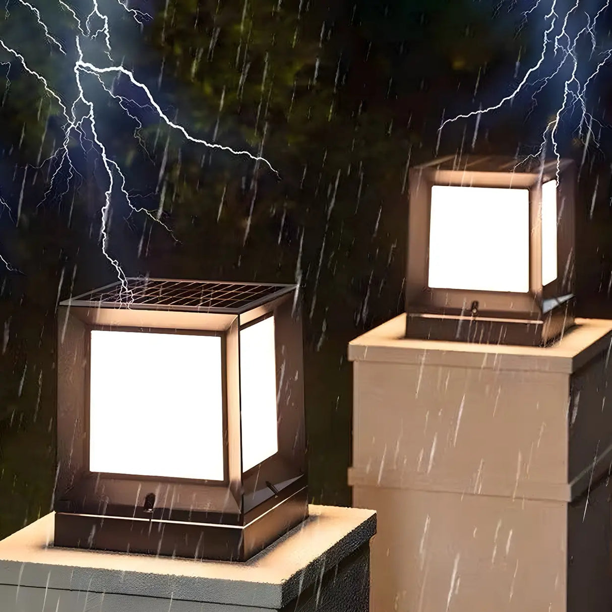Outdoor Solar Simple Cube Metal Waterproof Pillar Light Image - 3