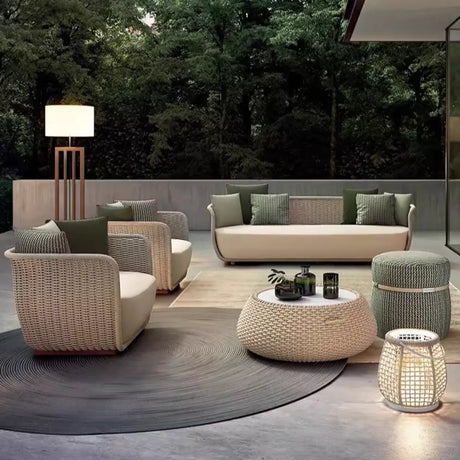 Outdoor Wicker Curved Beige Upholstered Patio Sofa Set Image - 1