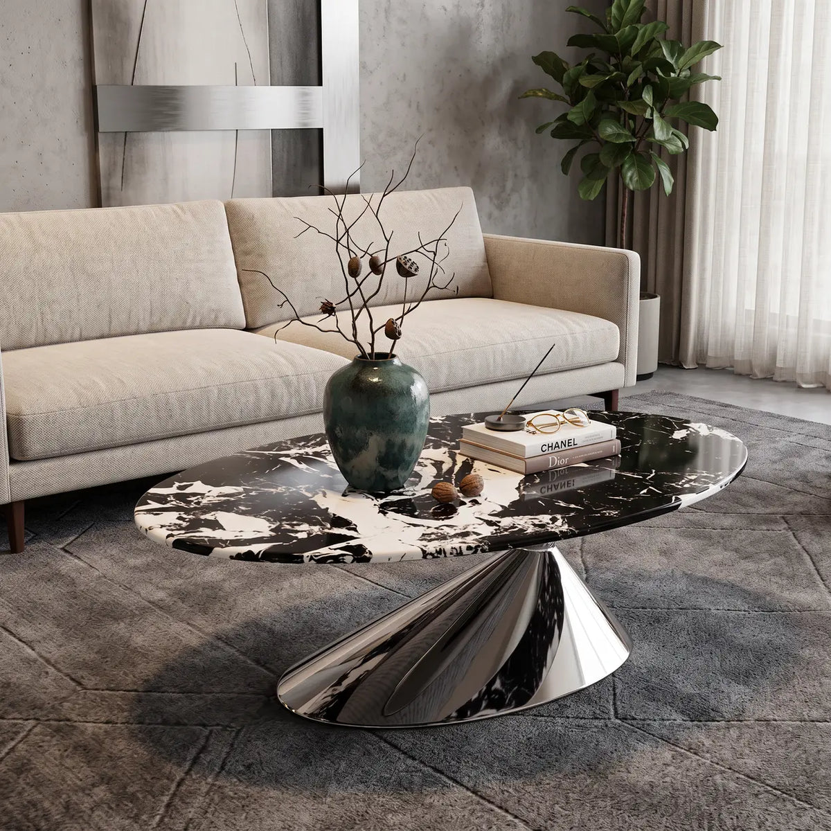 Stone 47.2"W x 23.6"D x 15.7"H Oval Black Marble Coffee Table with Stainless Steel Base Image - 5