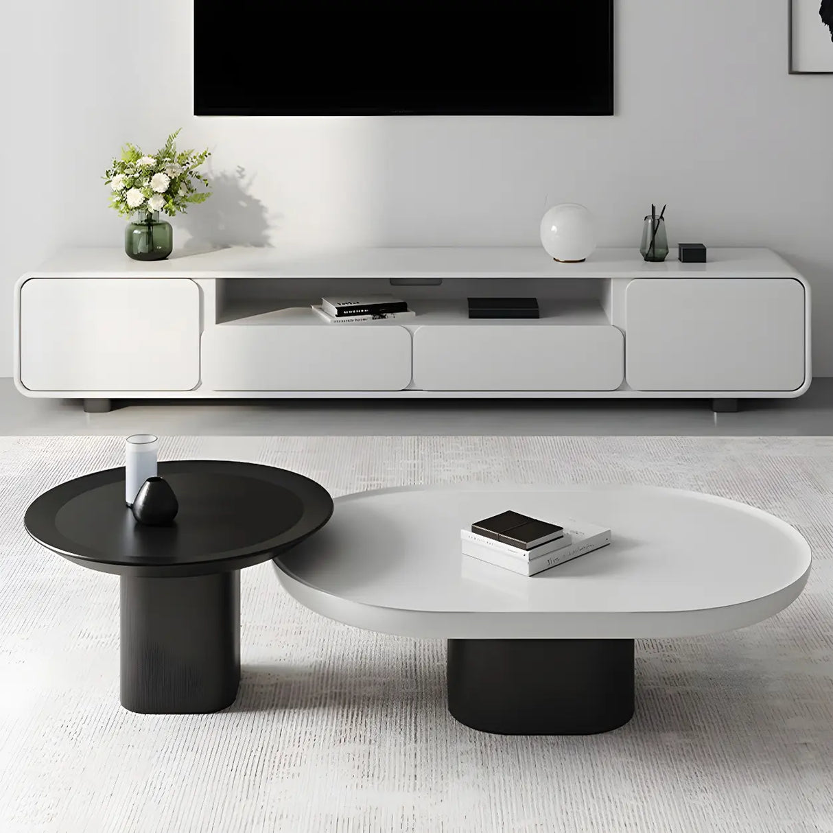 Oval Black White Wood Tray Top Nesting Coffee Table Image - 10