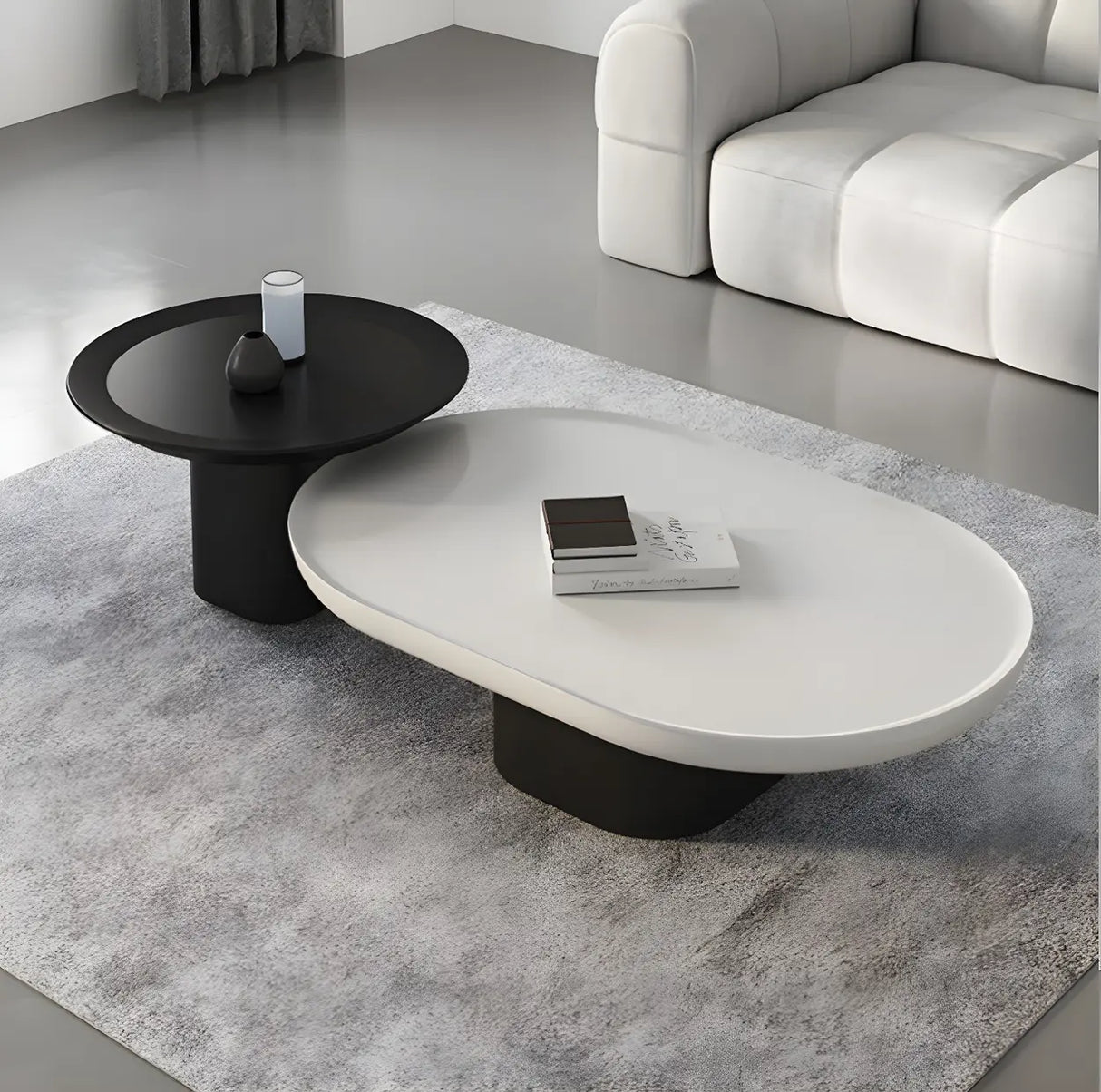 Oval Black White Wood Tray Top Nesting Coffee Table Image - 11