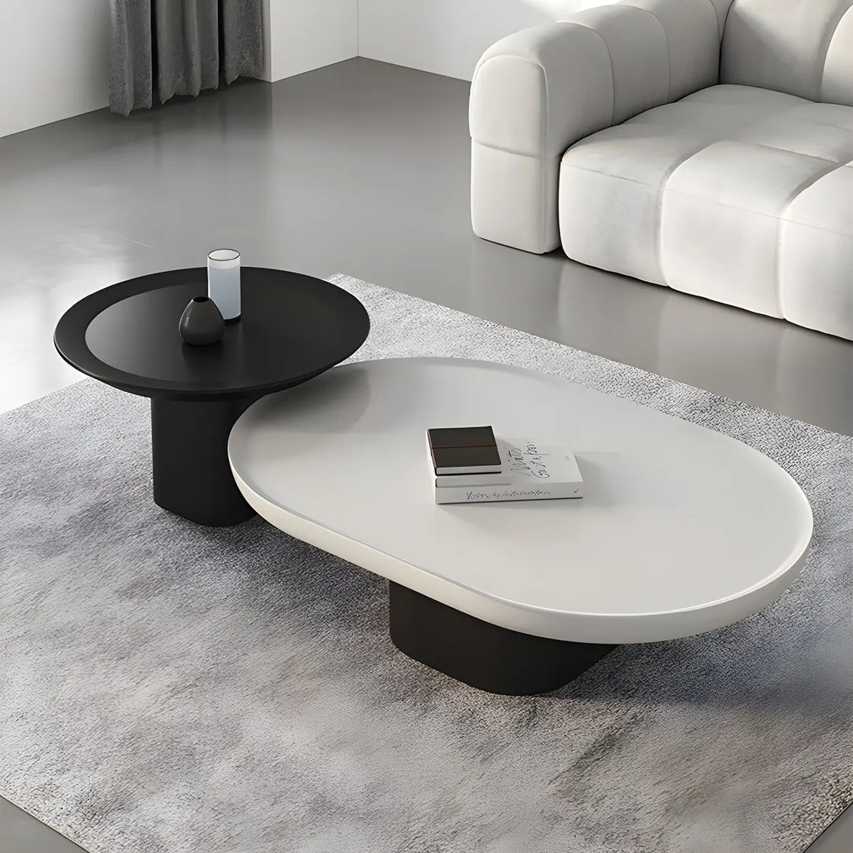 Oval Black White Wood Tray Top Nesting Coffee Table Image - 3