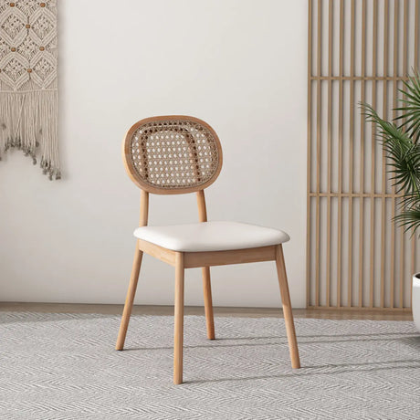 Oval Rattan Back Armless Leather Wood Dining Chair Image - 2