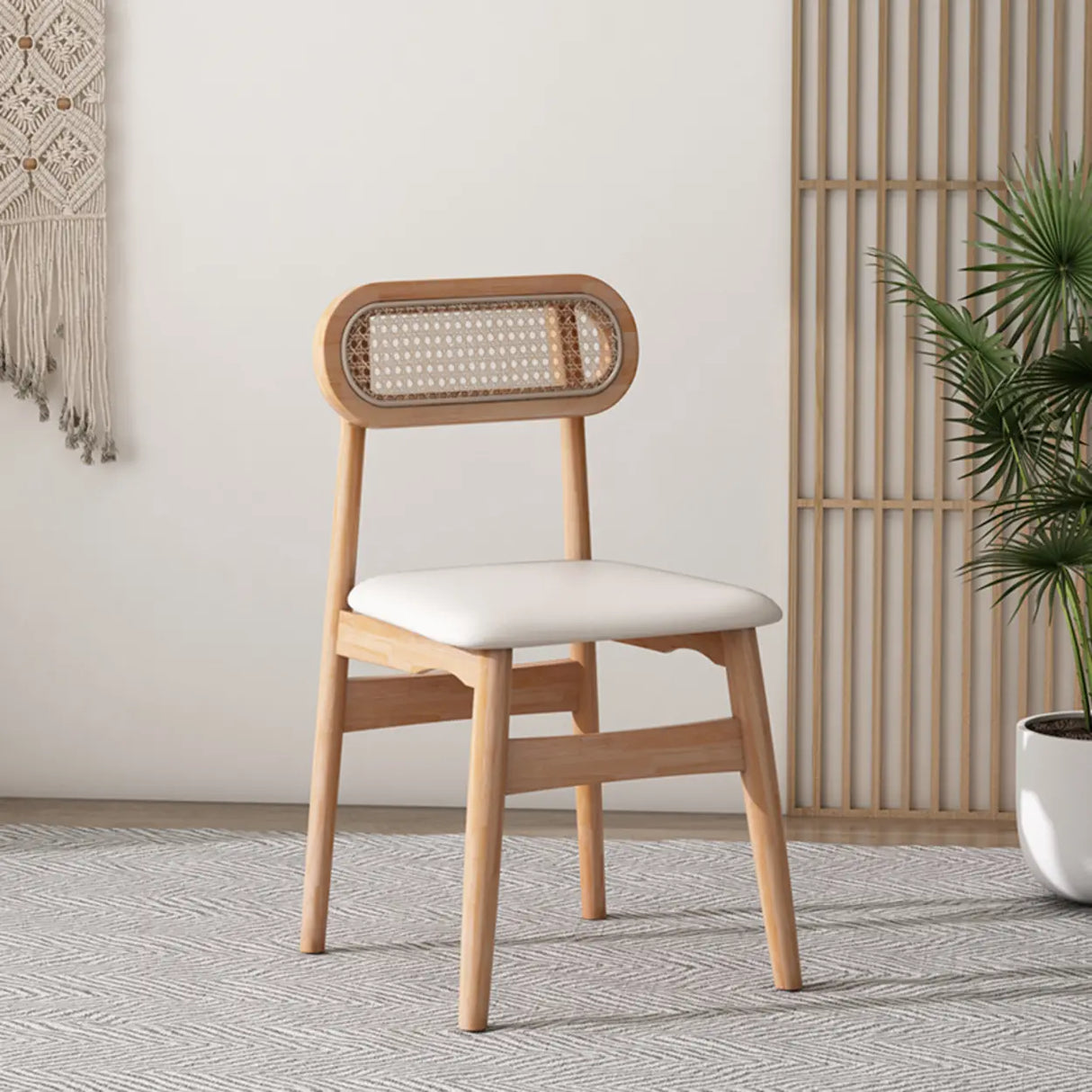 Oval Rattan Back Armless Leather Wood Dining Chair Image - 9