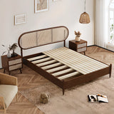 Oval Rattan Pine Wood Headboard Brown Queen Panel Bed Image - 1