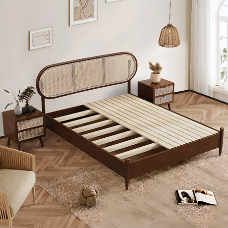 Oval Rattan Pine Wood Headboard Brown Queen Panel Bed Image - 1