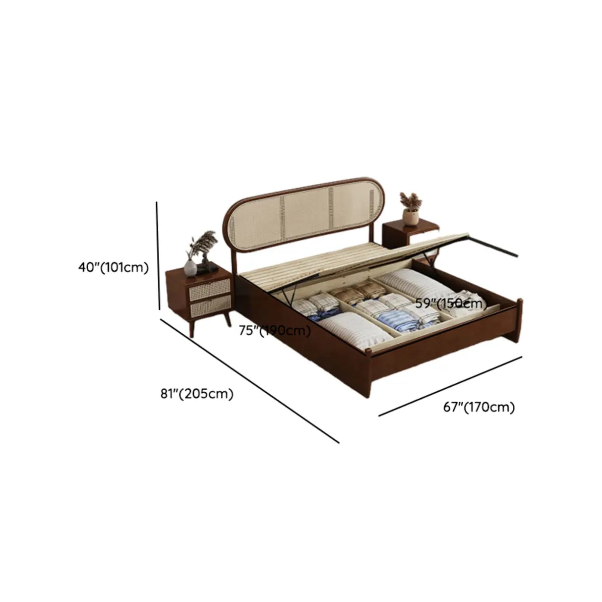 Oval Rattan Pine Wood Headboard Brown Queen Panel Bed Image - 10