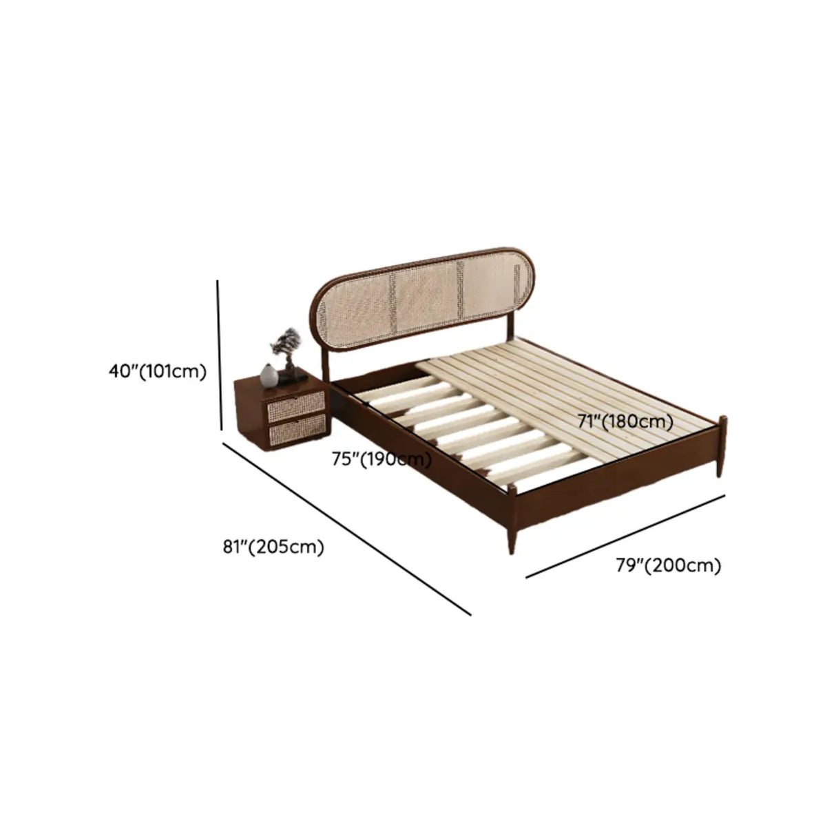 Oval Rattan Pine Wood Headboard Brown Queen Panel Bed Image - 11