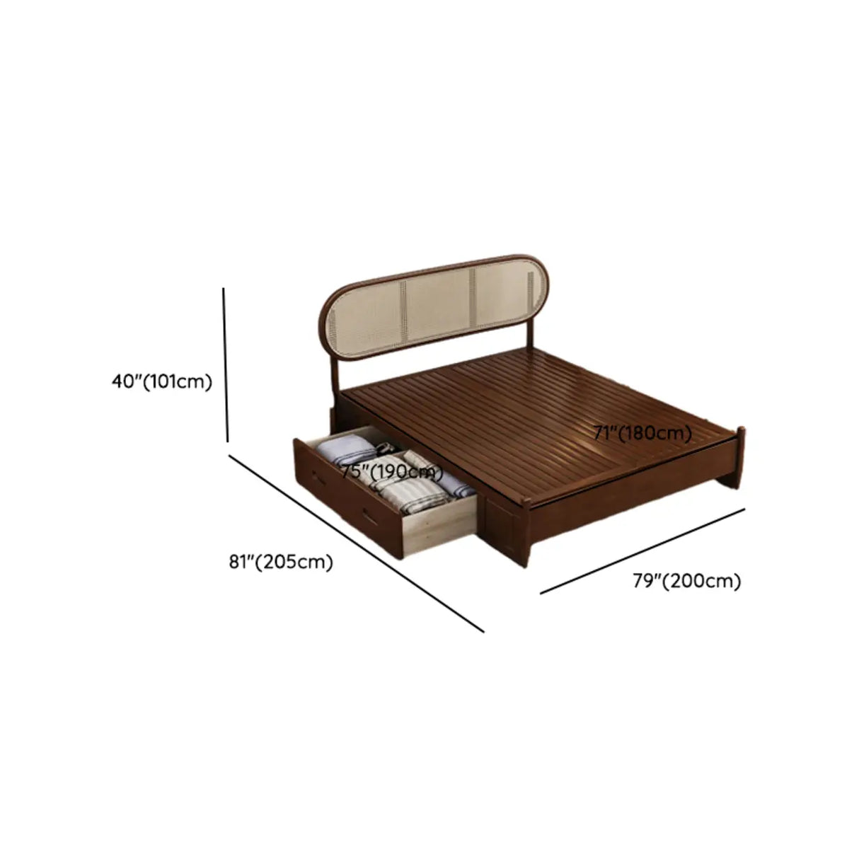 Oval Rattan Pine Wood Headboard Brown Queen Panel Bed Image - 12