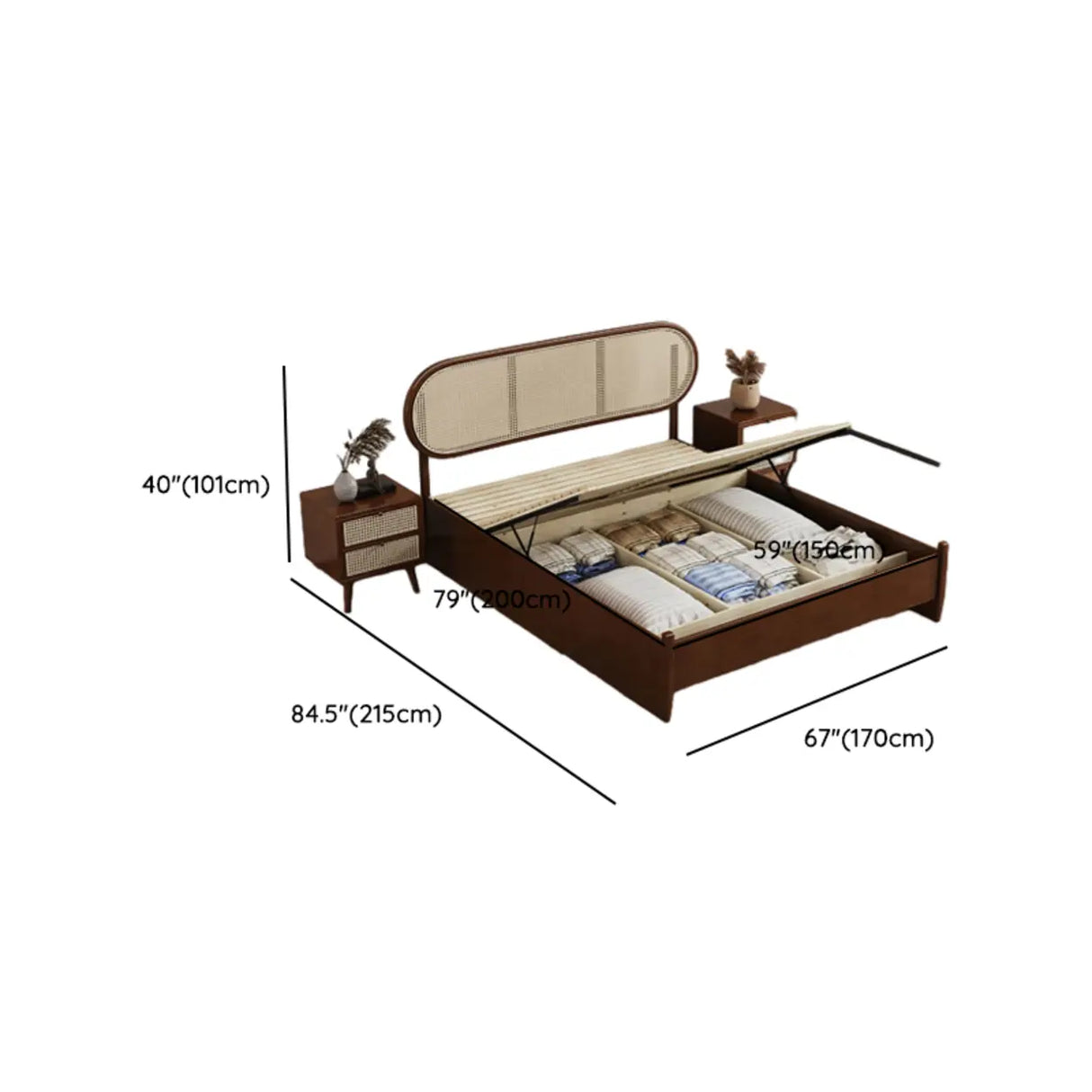 Oval Rattan Pine Wood Headboard Brown Queen Panel Bed Image - 16