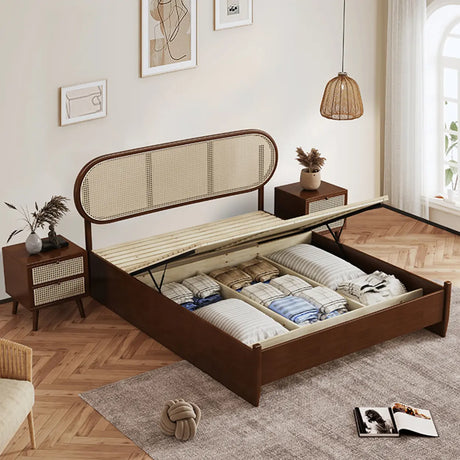 Oval Rattan Pine Wood Headboard Brown Queen Panel Bed Image - 2
