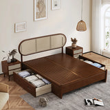 Oval Rattan Pine Wood Headboard Brown Queen Panel Bed Image - 3