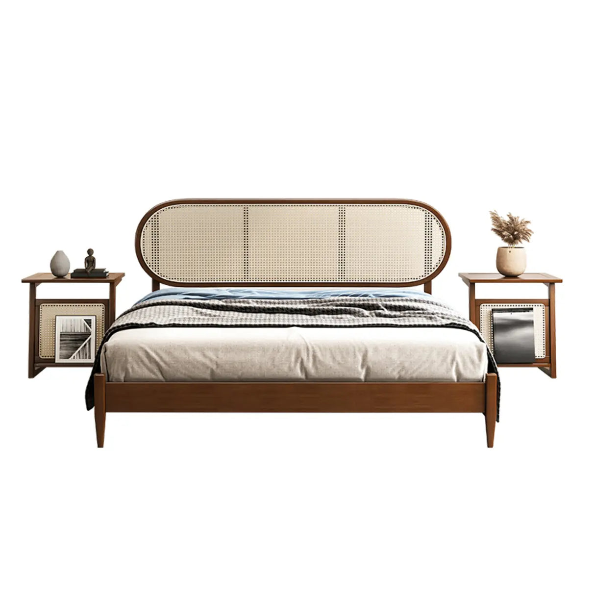 Oval Rattan Pine Wood Headboard Brown Queen Panel Bed Image - 5