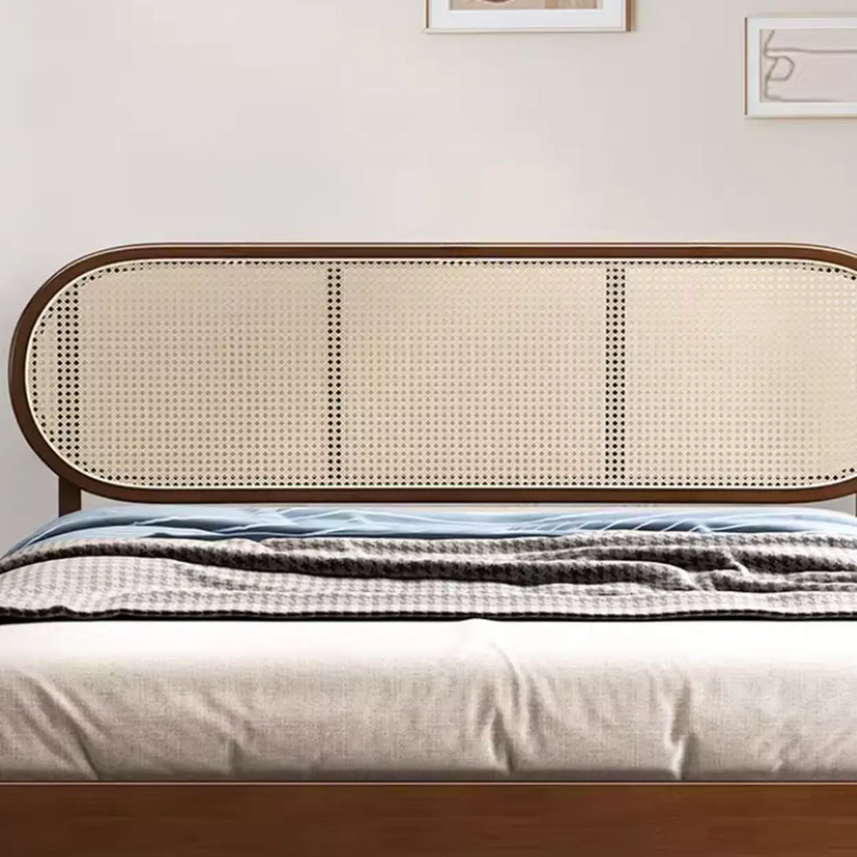 Oval Rattan Pine Wood Headboard Brown Queen Panel Bed Image - 6