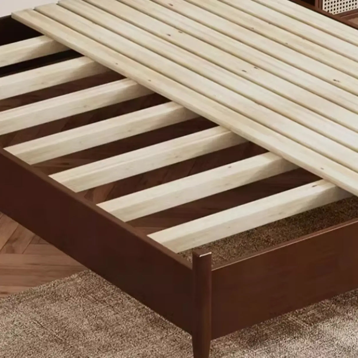 Oval Rattan Pine Wood Headboard Brown Queen Panel Bed Image - 7