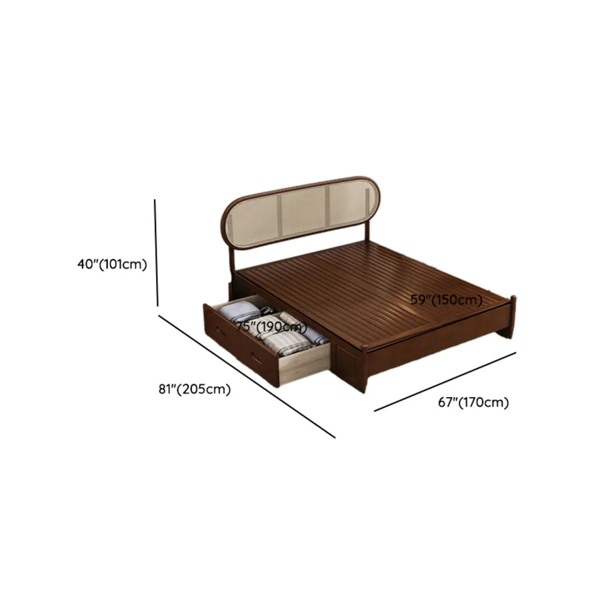 Oval Rattan Pine Wood Headboard Brown Queen Panel Bed Image - 9