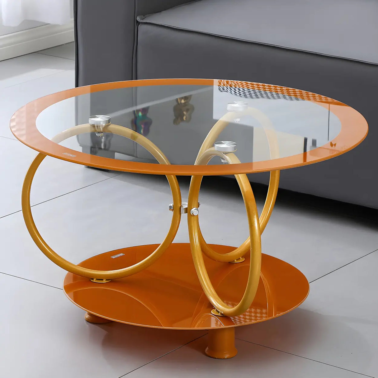 Oval Round Clear Glass Coffee Table with Storage Shelf Image - 4