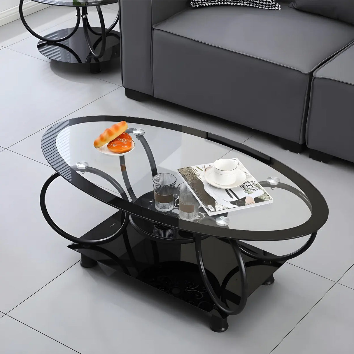Oval Round Clear Glass Coffee Table with Storage Shelf Image - 8