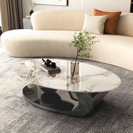 Oval Scratch Resistant Stone Coffee Table with Shelf Image - 1