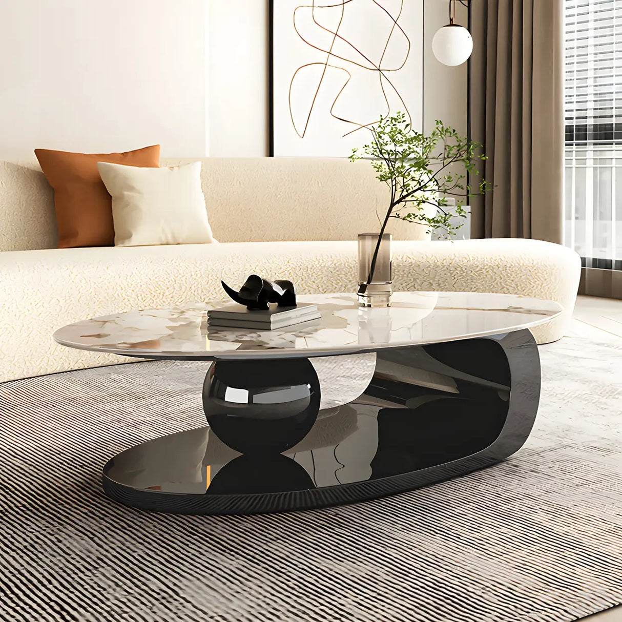 Oval Scratch Resistant Stone Coffee Table with Shelf Image - 2