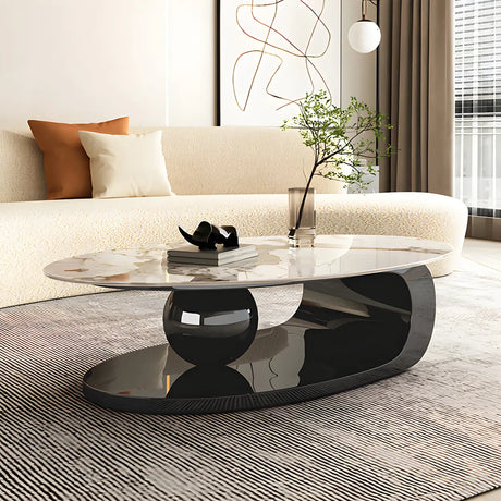 Oval Scratch Resistant Stone Coffee Table with Shelf Image - 2