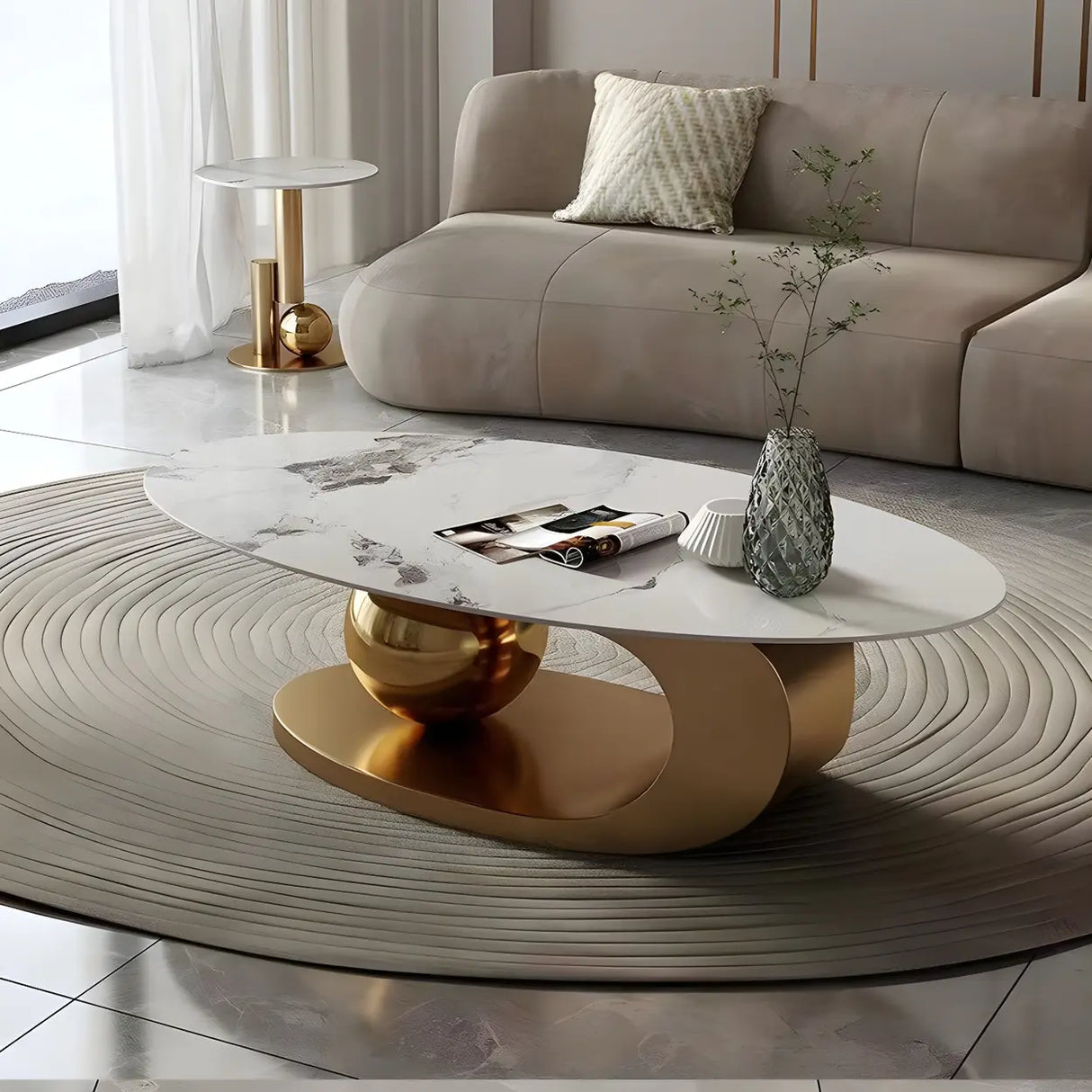 Oval Scratch Resistant Stone Coffee Table with Shelf Image - 3