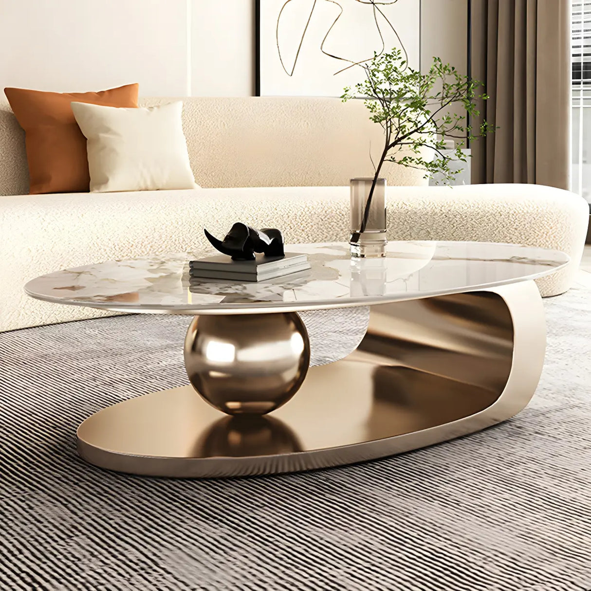 Oval Scratch Resistant Stone Coffee Table with Shelf Image - 4