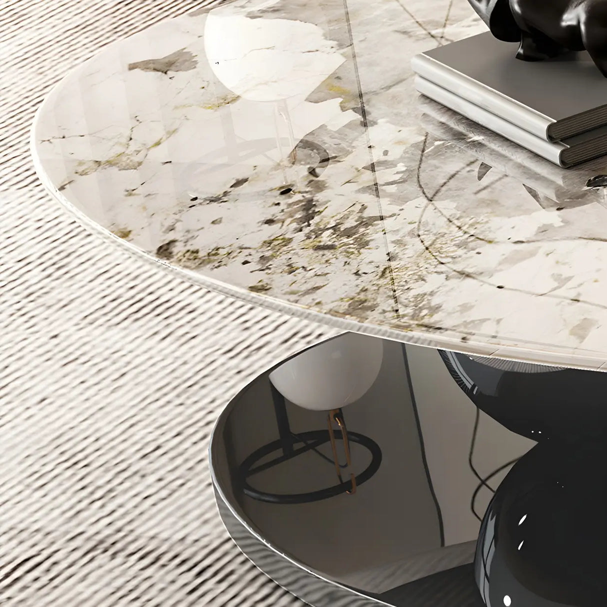 Oval Scratch Resistant Stone Coffee Table with Shelf Image - 7