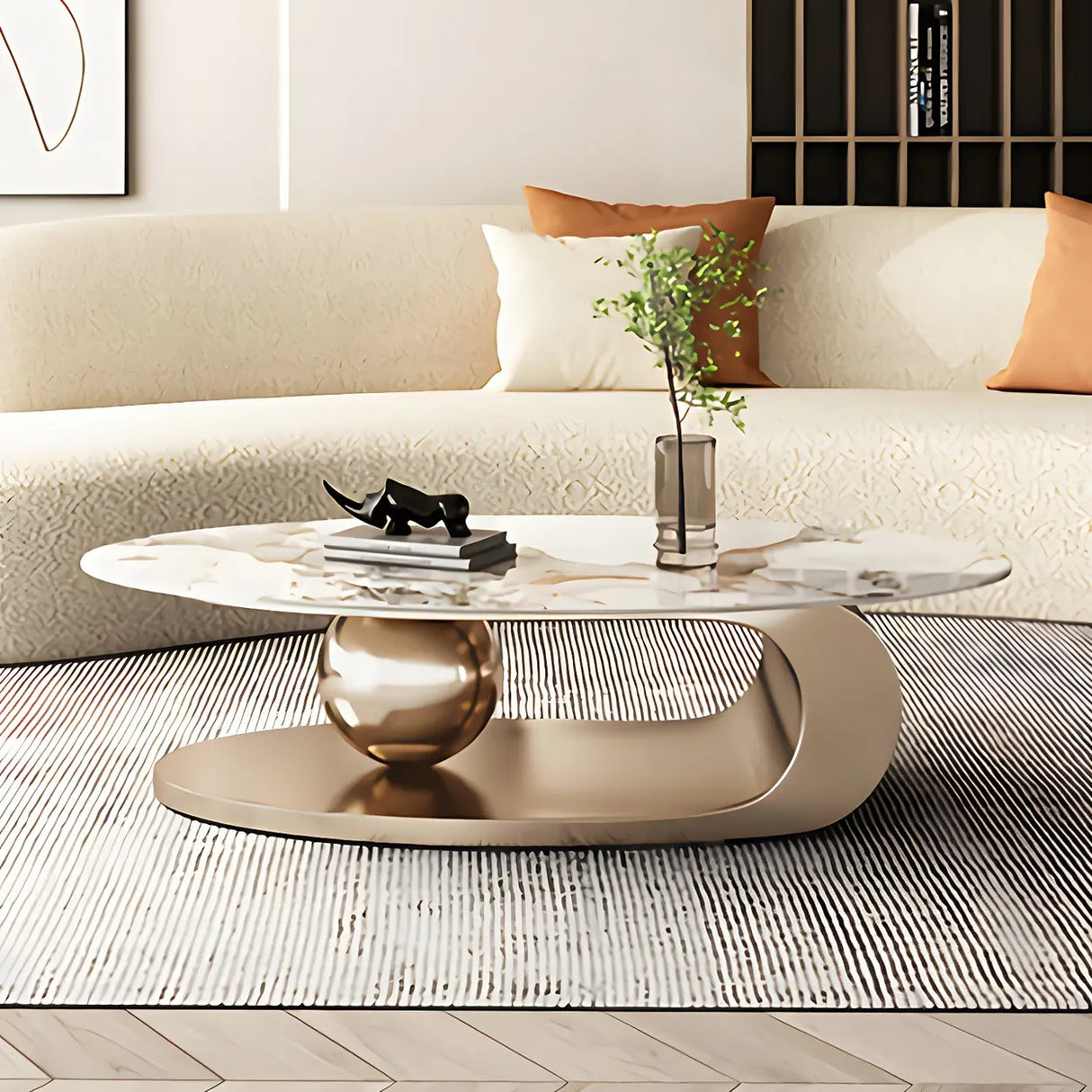 Oval Scratch Resistant Stone Coffee Table with Shelf Image - 9